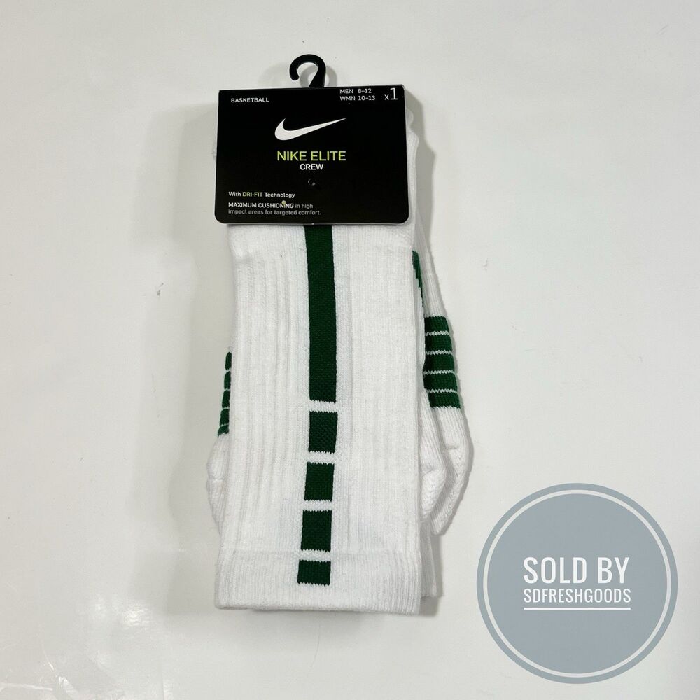 Nike Elite Basketball DRI-FIT Crew Socks White/Green SX7626-104 Large 8-12